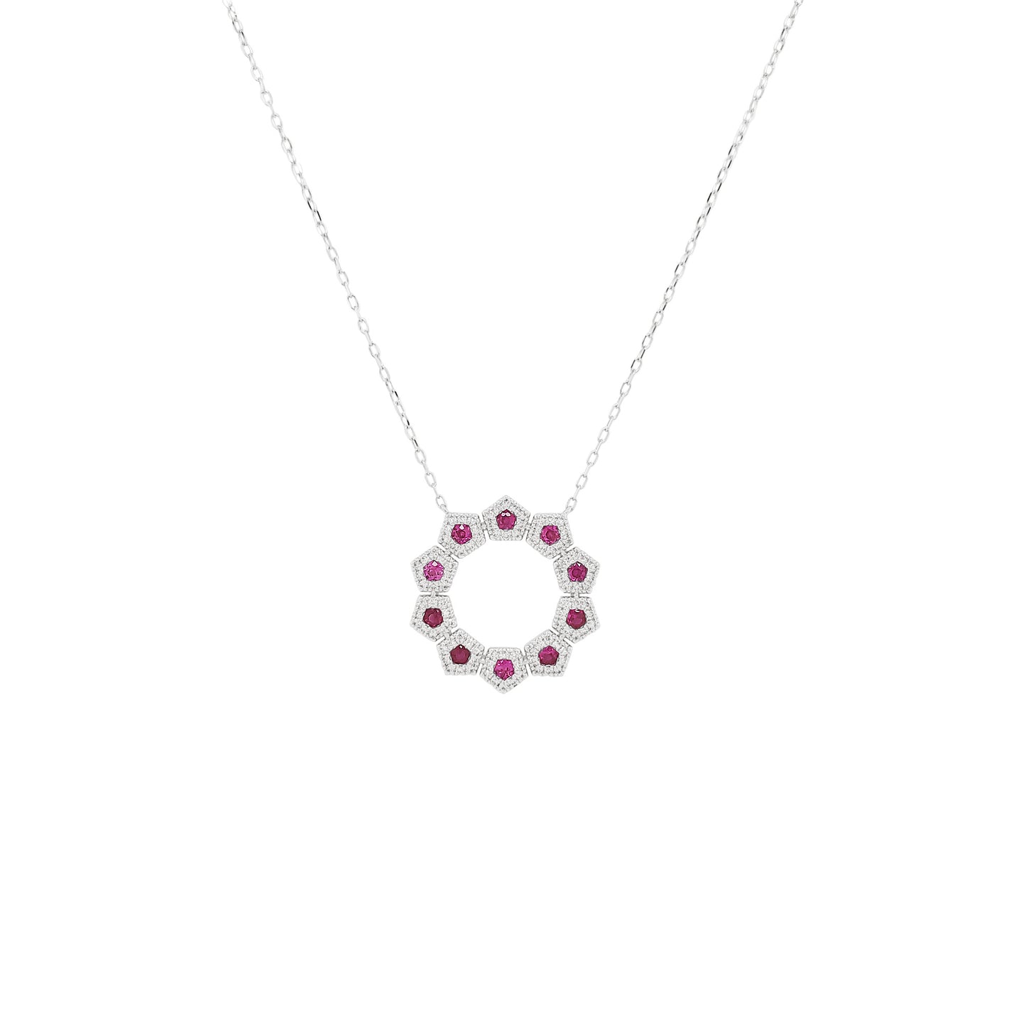 14K Gold Ruby Diamond Halo Necklace, Geometric Starburst Pendant