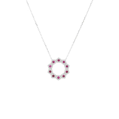 14K Gold Ruby Diamond Halo Necklace, Geometric Starburst Pendant