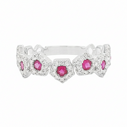 14K White Gold Ruby Diamond Geometric Ring, Starburst Eternity Band, 3/5 CTW