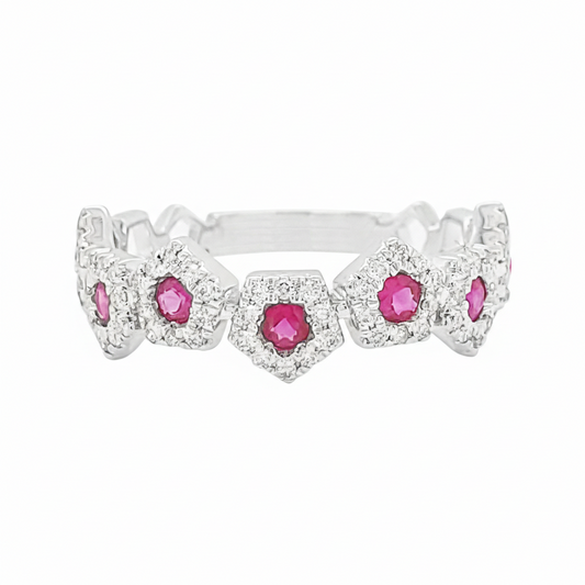14K White Gold Ruby Diamond Geometric Ring, Starburst Eternity Band, 3/5 CTW