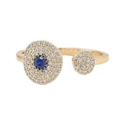 14K Yellow Gold Blue Sapphire Diamond Open Cuff Ring, Celestial Jewelry