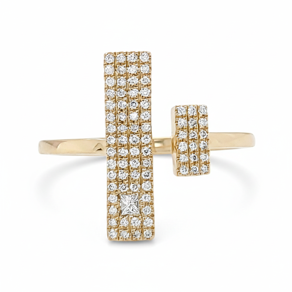 14K Gold Diamond Open Cuff Ring, Princess & Round Cut, Geometric Bar Band
