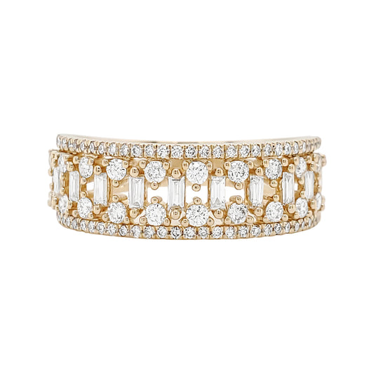14K Yellow Gold Diamond Band Ring, Baguette & Round Cut, Geometric Anniversary