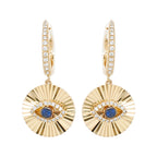 14K Gold Blue Sapphire Evil Eye Earrings, Diamond Sunburst Dangle