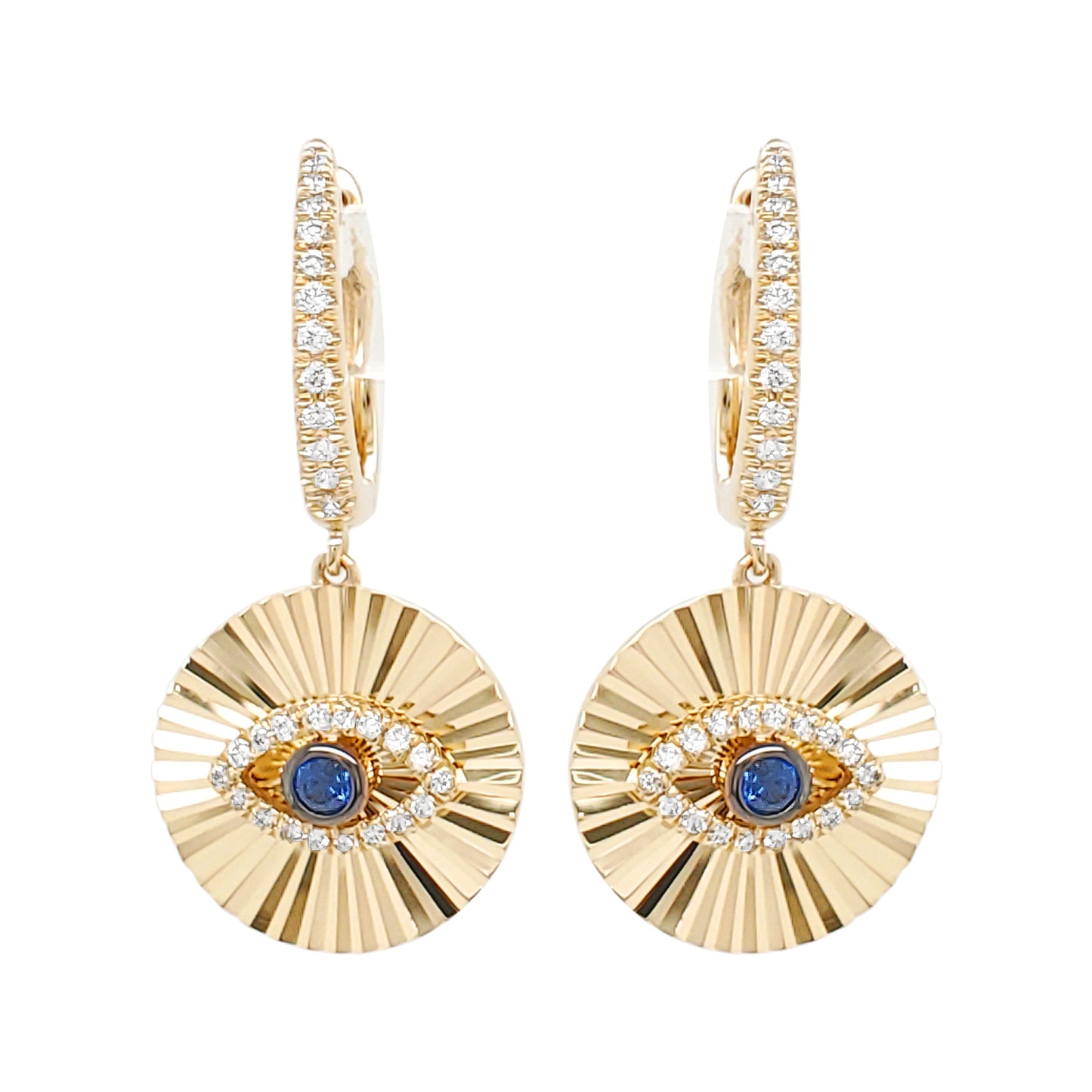 14K Gold Blue Sapphire Evil Eye Earrings, Diamond Sunburst Dangle