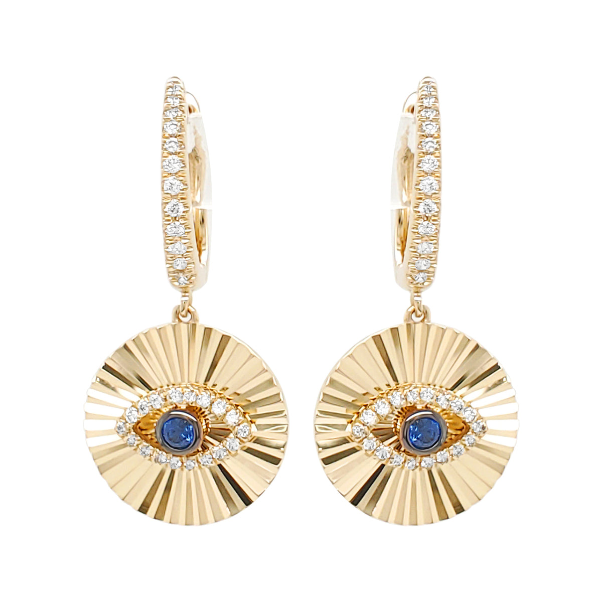 14K Gold Blue Sapphire Evil Eye Earrings, Diamond Sunburst Dangle