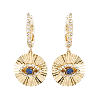 14K Gold Blue Sapphire Evil Eye Earrings, Diamond Sunburst Dangle