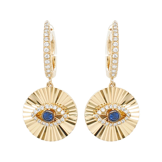 14K Gold Blue Sapphire Evil Eye Earrings, Diamond Sunburst Dangle