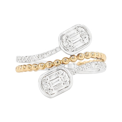 14K Two-Tone Gold Diamond Bypass Ring, Baguette and Round Cut, Beaded Band