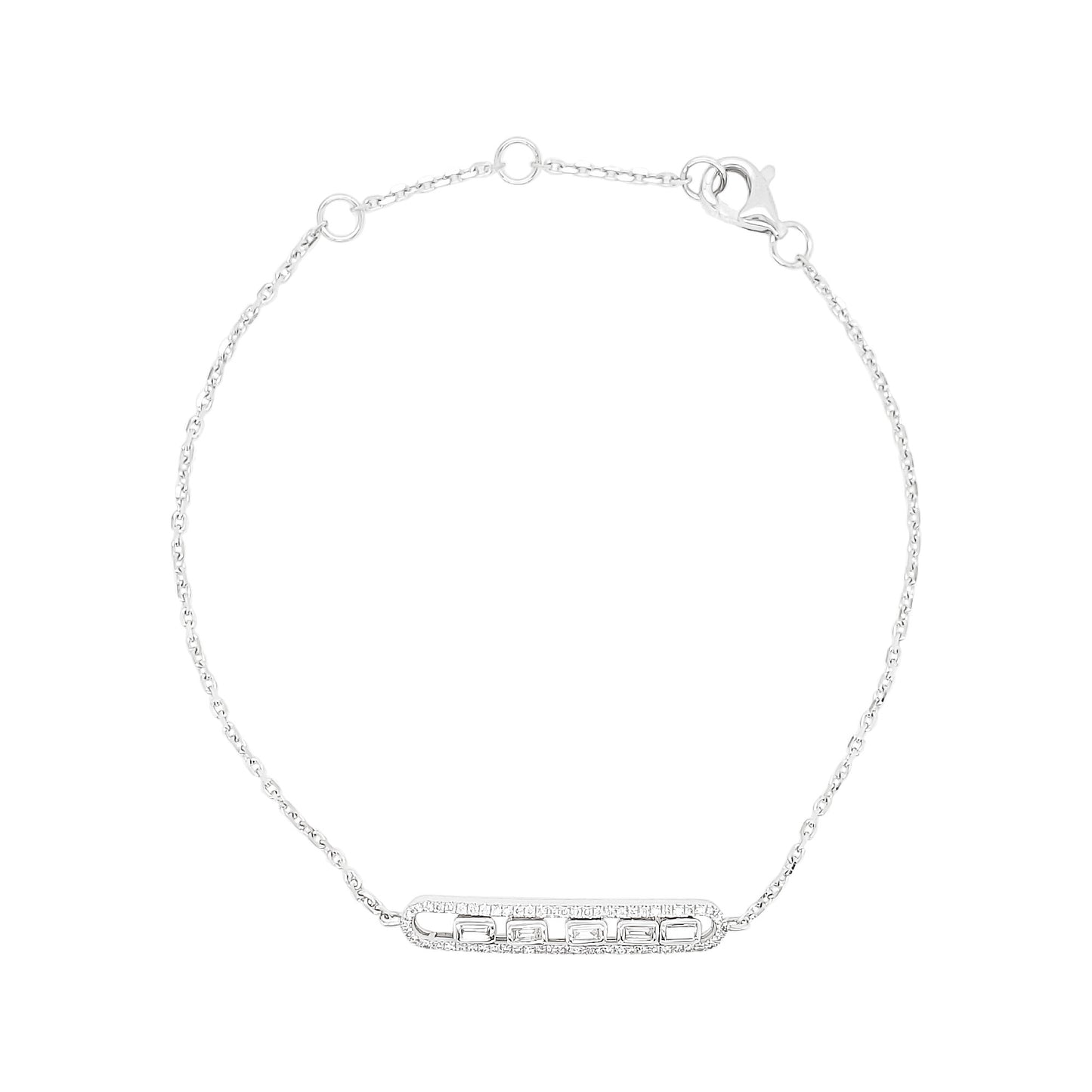 14K White Gold Diamond Bar Bracelet, Baguette & Round Cut