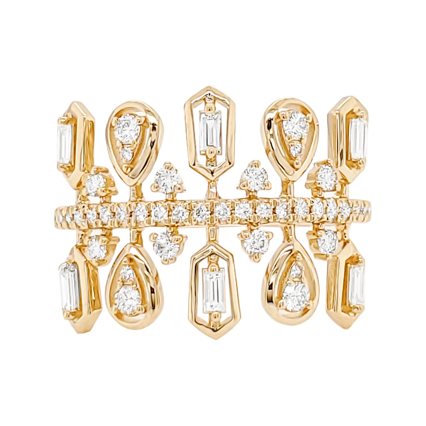 14K Yellow Gold Baguette Diamond Ring, Geometric Statement Band