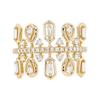 14K Yellow Gold Baguette Diamond Ring, Geometric Statement Band