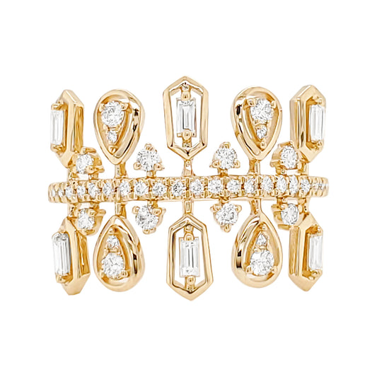 14K Yellow Gold Baguette Diamond Ring, Geometric Statement Band