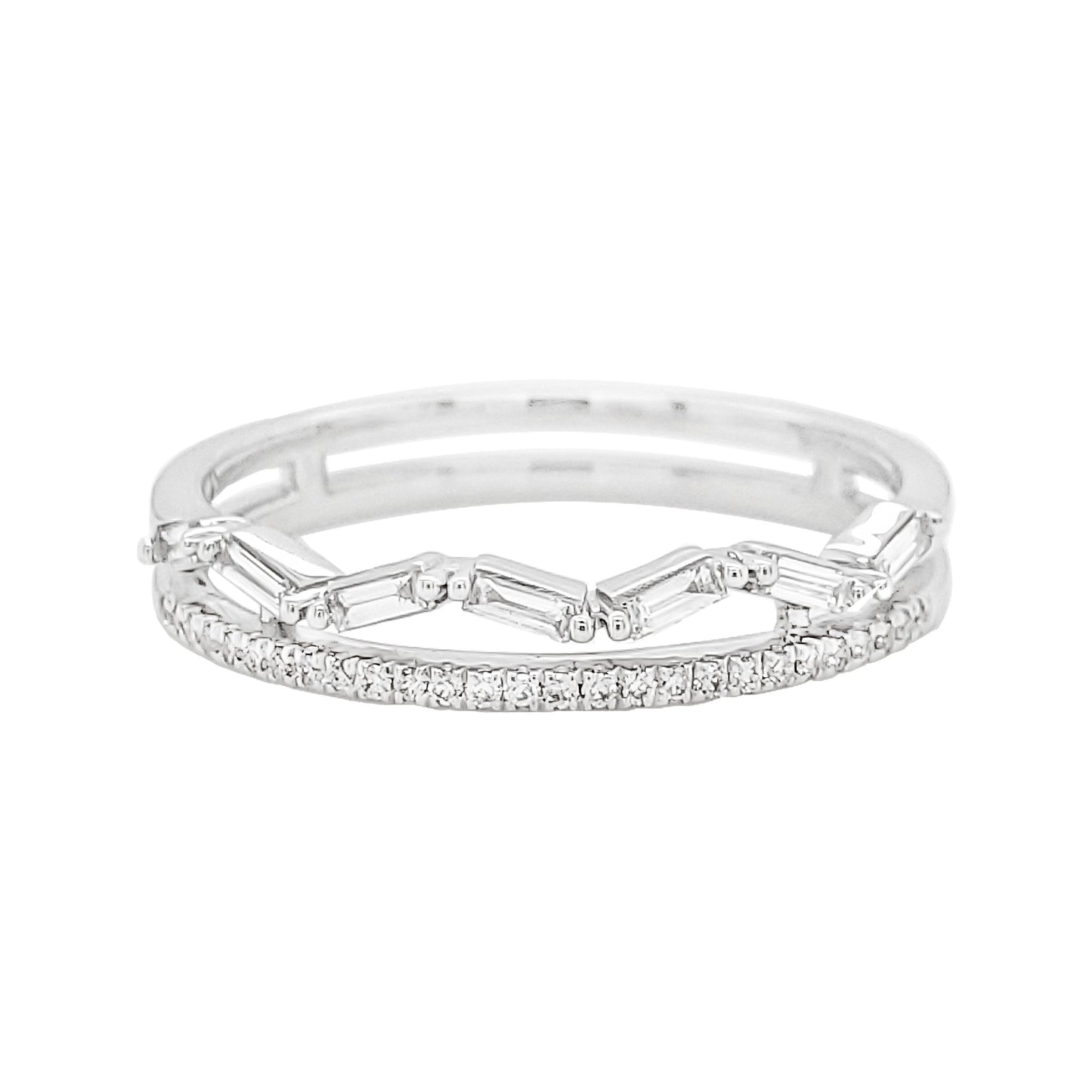 14K White Gold Baguette Diamond Bypass Ring, Double Row Chevron Band