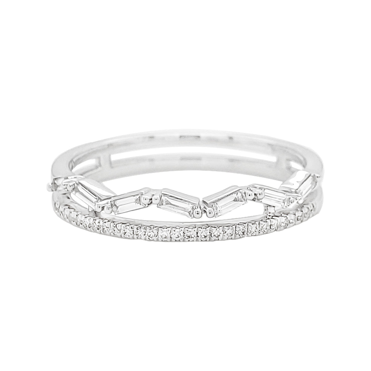 14K White Gold Baguette Diamond Bypass Ring, Double Row Chevron Band