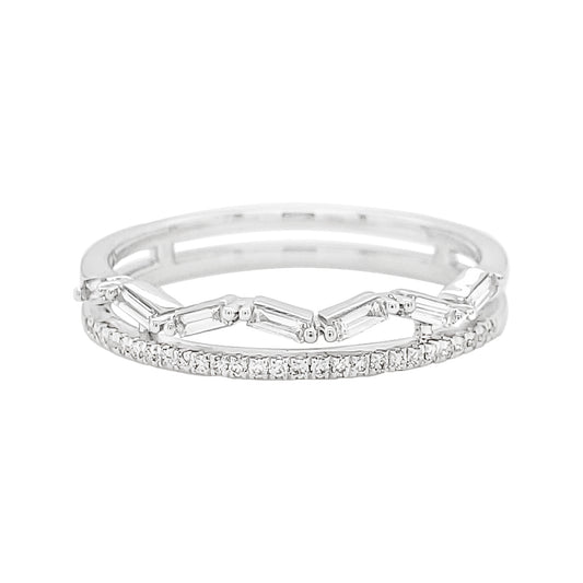14K White Gold Baguette Diamond Bypass Ring, Double Row Chevron Band