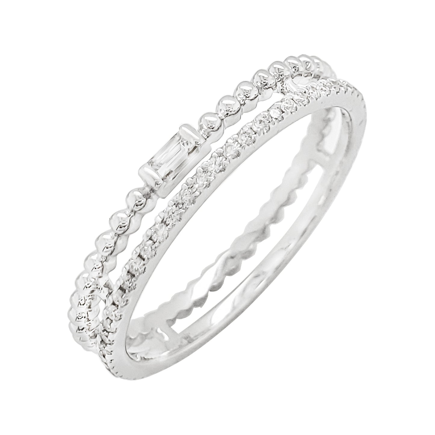 14K White Gold Baguette Diamond Ring, Double Row Chevron Band