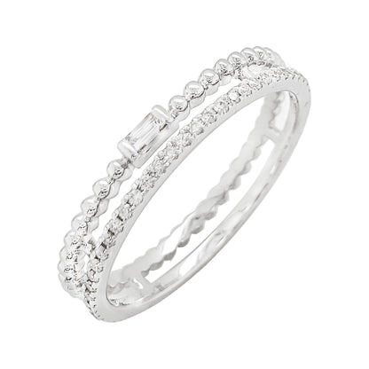 14K White Gold Baguette Diamond Ring, Double Row Chevron Band