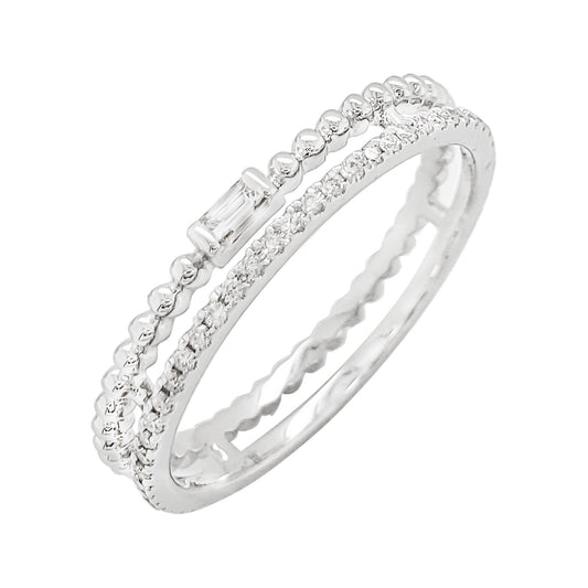 14K White Gold Baguette Diamond Ring, Double Row Chevron Band