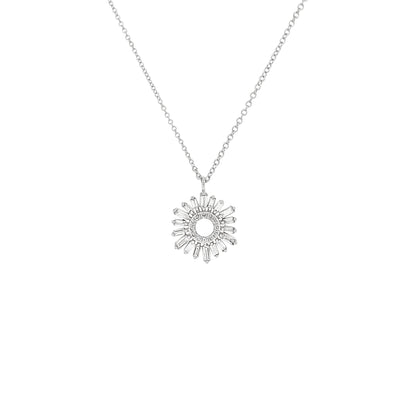 14K White Gold Diamond Firework Pendant Necklace, Baguette & Round Cut