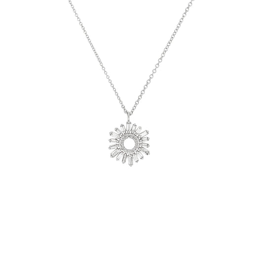14K White Gold Diamond Firework Pendant Necklace, Baguette & Round Cut