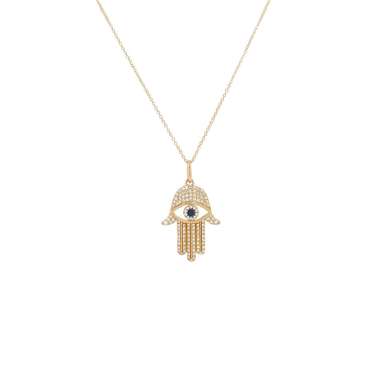 14K Gold Hamsa Necklace, Blue Sapphire Diamond Evil Eye Pendant