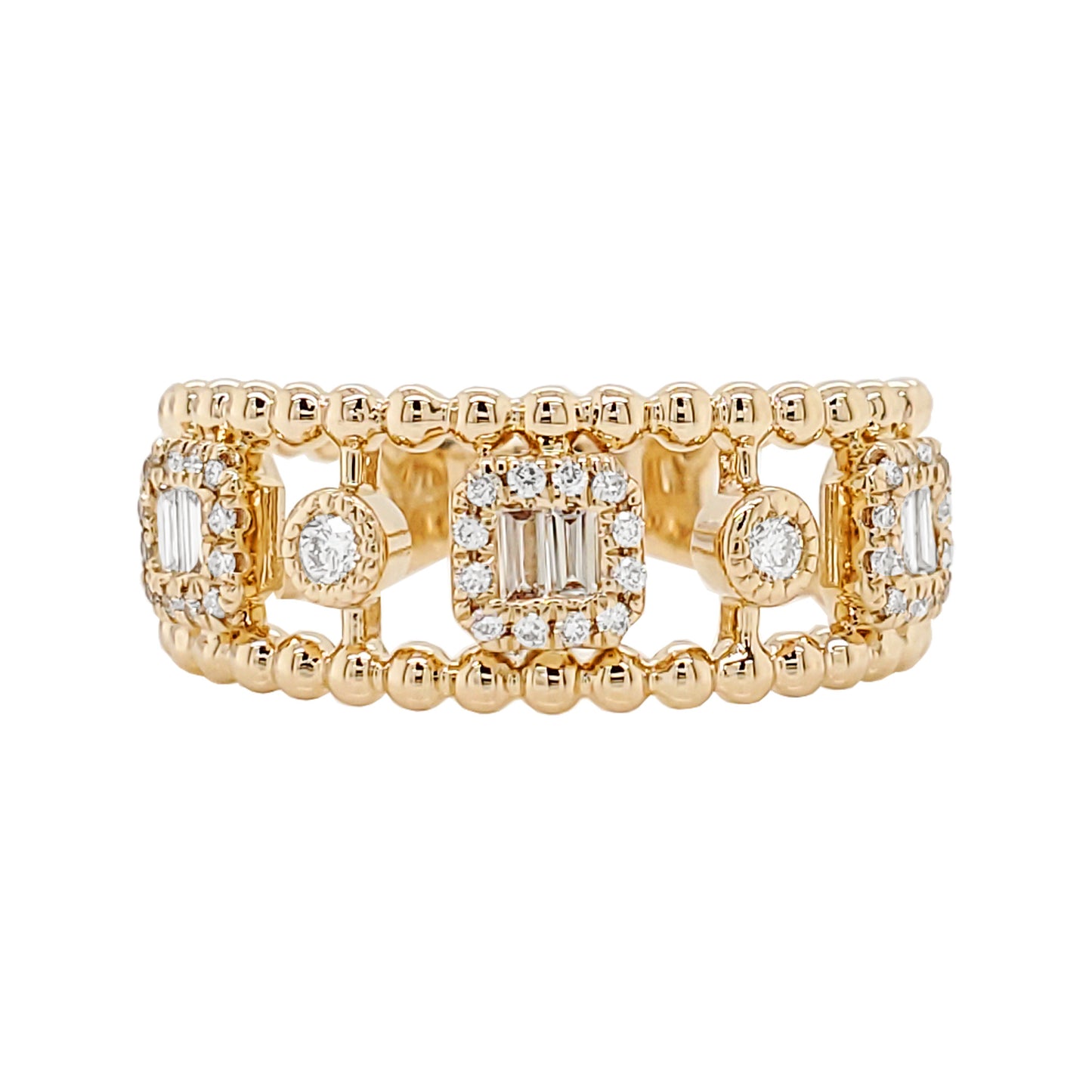 14K Yellow Gold Diamond Art Deco Ring, Beaded Band