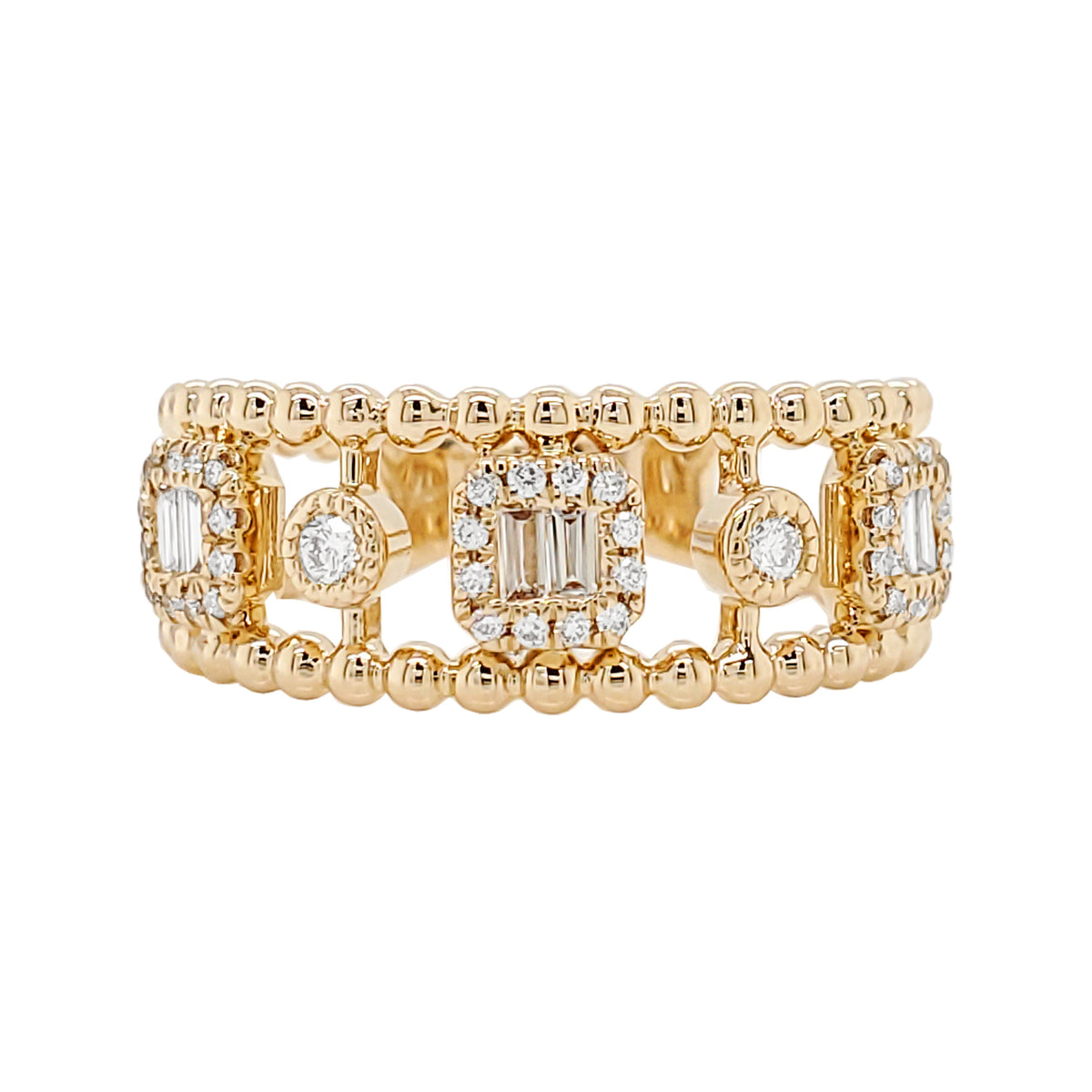 14K Yellow Gold Diamond Art Deco Ring, Beaded Band