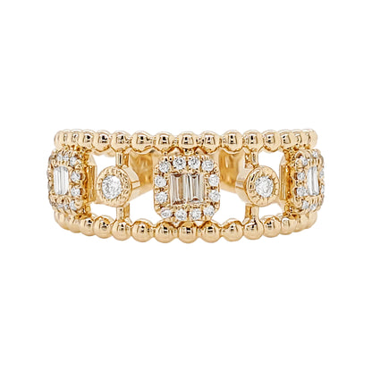 14K Yellow Gold Diamond Art Deco Ring, Beaded Band