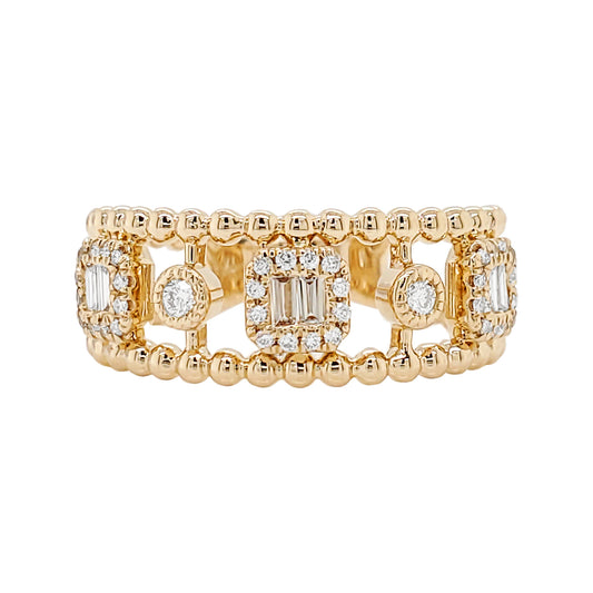 14K Yellow Gold Diamond Art Deco Ring, Beaded Band