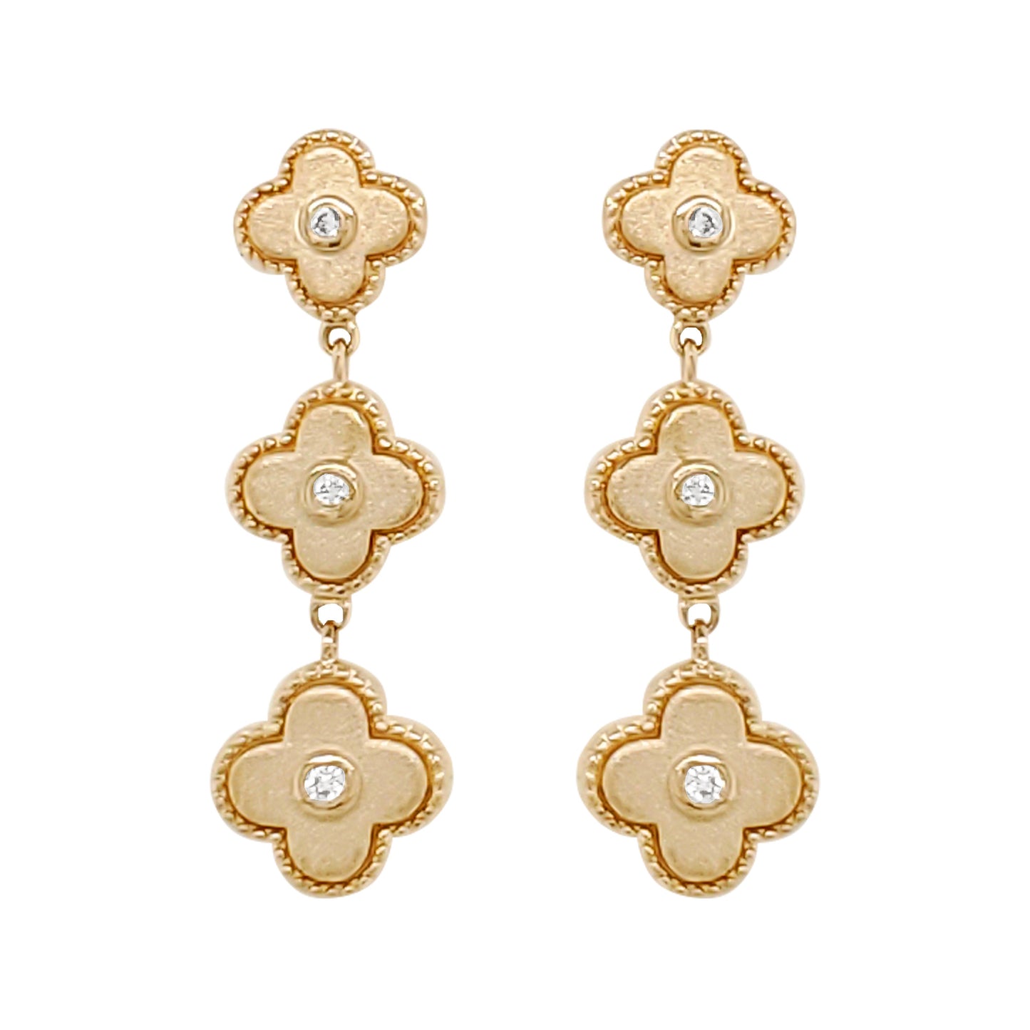 14K Yellow Gold Diamond Clover Dangle Earrings, Milgrain Floral Jewelry
