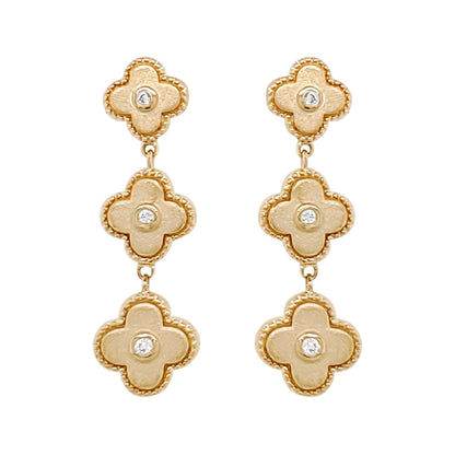 14K Yellow Gold Diamond Clover Dangle Earrings, Milgrain Floral Jewelry