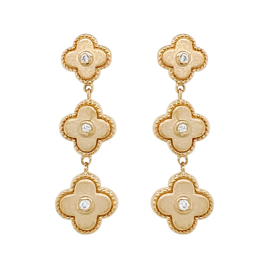 14K Yellow Gold Diamond Clover Dangle Earrings, Milgrain Floral Jewelry
