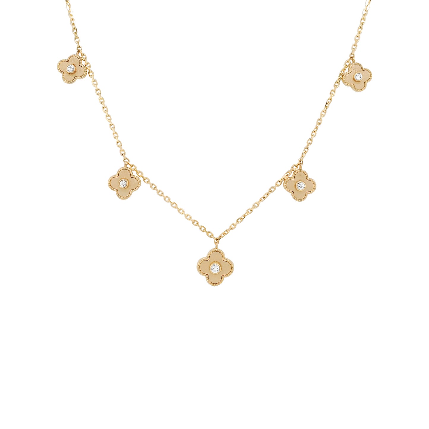 14K Yellow Gold Diamond Clover Necklace, Matte Milgrain Pendant