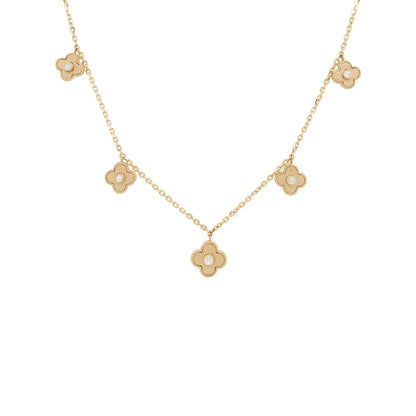 14K Yellow Gold Diamond Clover Necklace, Matte Milgrain Pendant