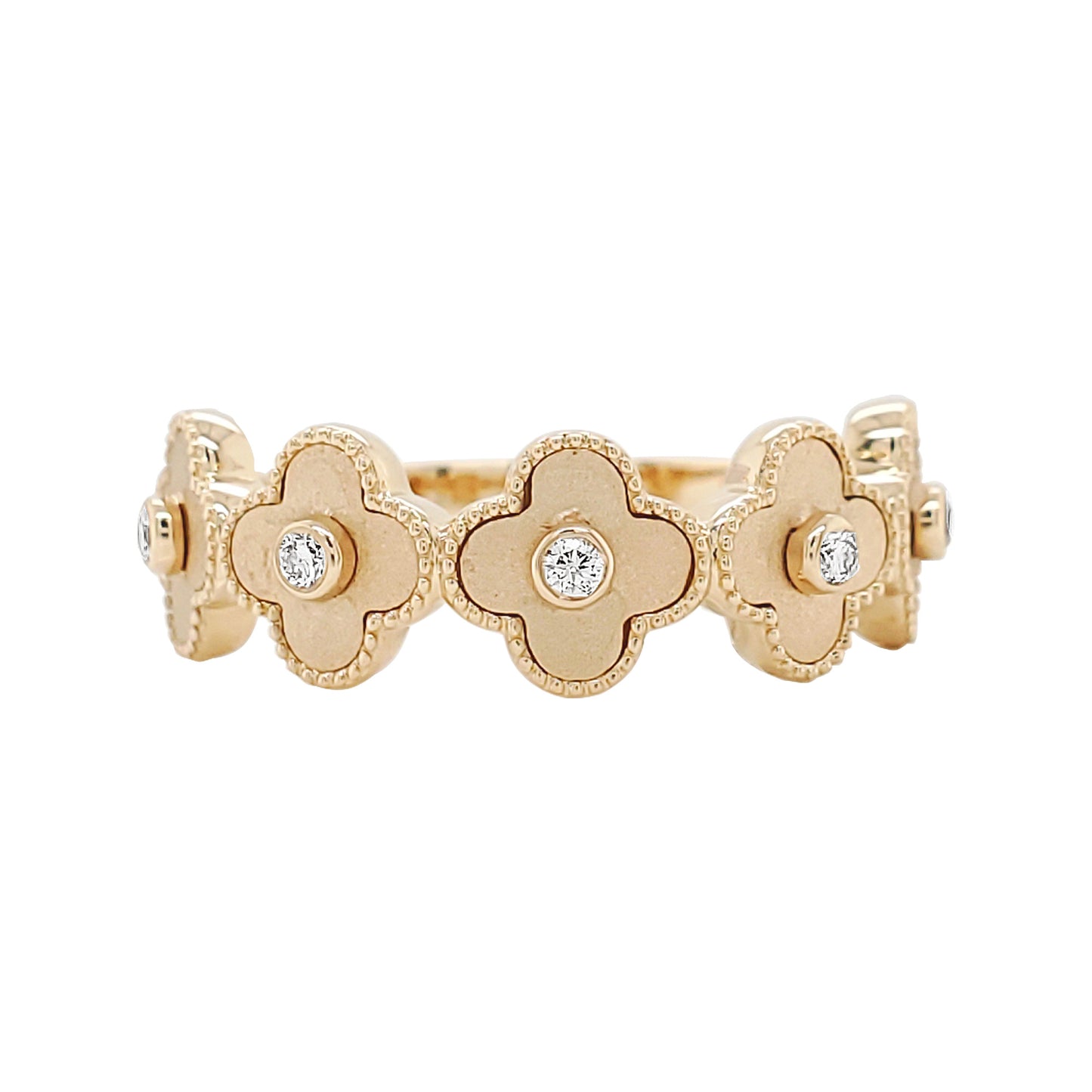 14K Yellow Gold Diamond Clover Ring, Matte Floral Milgrain Band