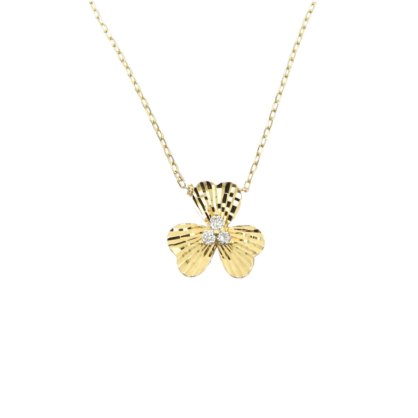 14K Yellow Gold Fluted Flower Pendant Necklace with Diamond Trio – Adjustable 18 Inch Chain
