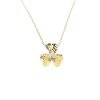 14K Yellow Gold Fluted Flower Pendant Necklace with Diamond Trio – Adjustable 18 Inch Chain