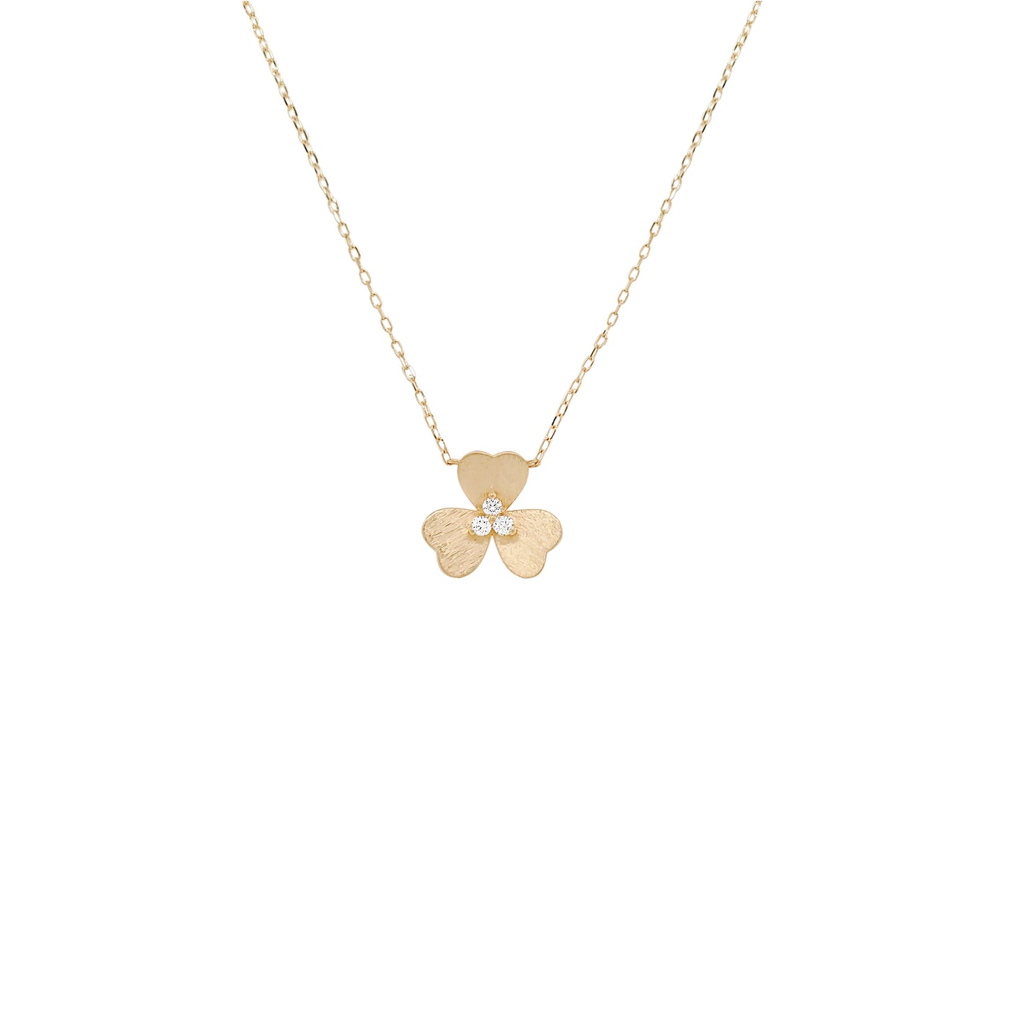 14K Yellow Gold Diamond Clover Necklace, Matte Shamrock Pendant
