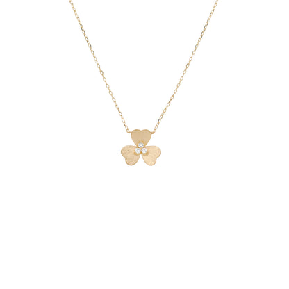 14K Yellow Gold Diamond Clover Necklace, Matte Shamrock Pendant