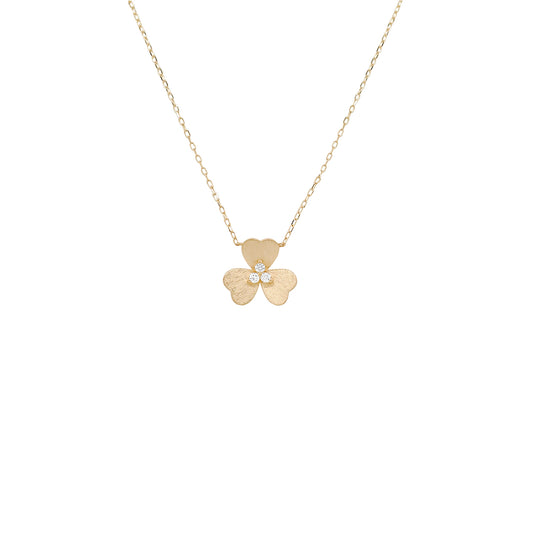 14K Yellow Gold Diamond Clover Necklace, Matte Shamrock Pendant