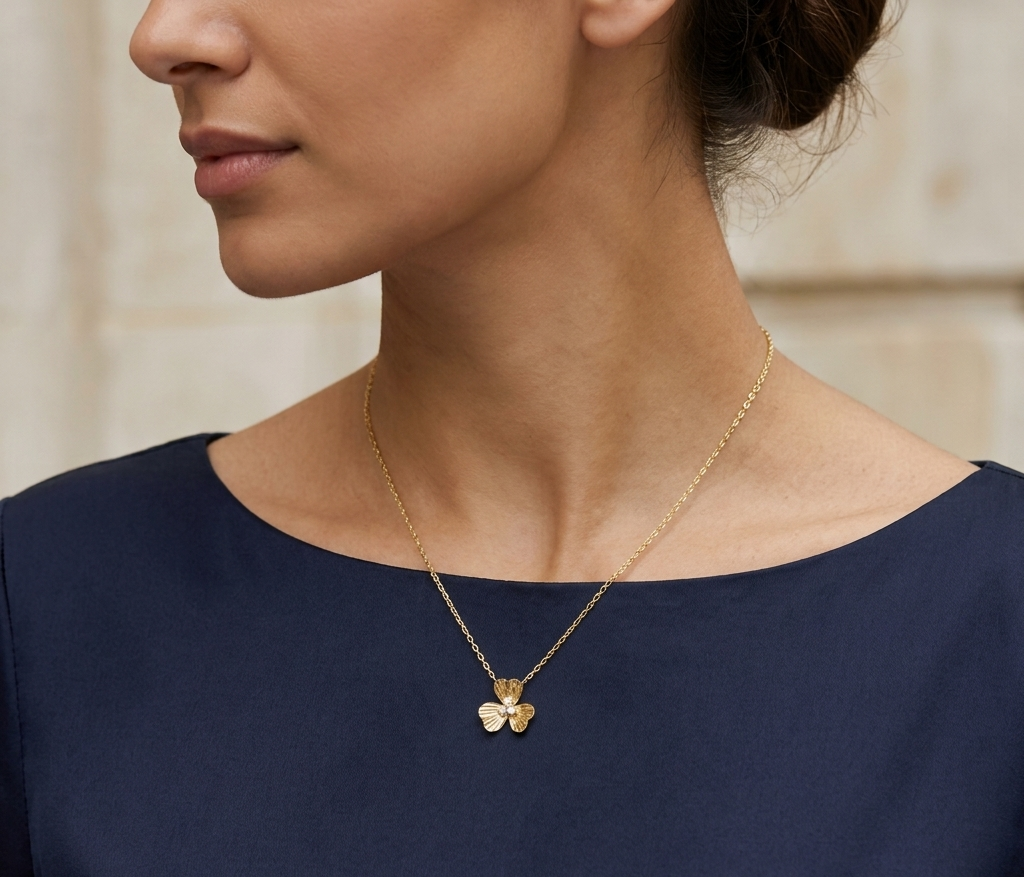14K Yellow Gold Fluted Flower Pendant Necklace with Diamond Trio – Adjustable 18 Inch Chain