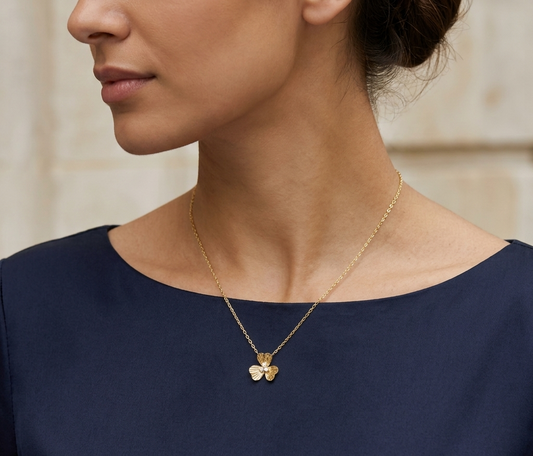 14K Yellow Gold Fluted Flower Pendant Necklace with Diamond Trio – Adjustable 18 Inch Chain