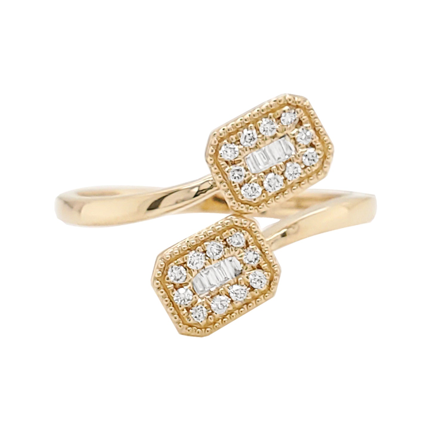 14K Yellow Gold Diamond Toi Et Moi Ring, Baguette Round Halo