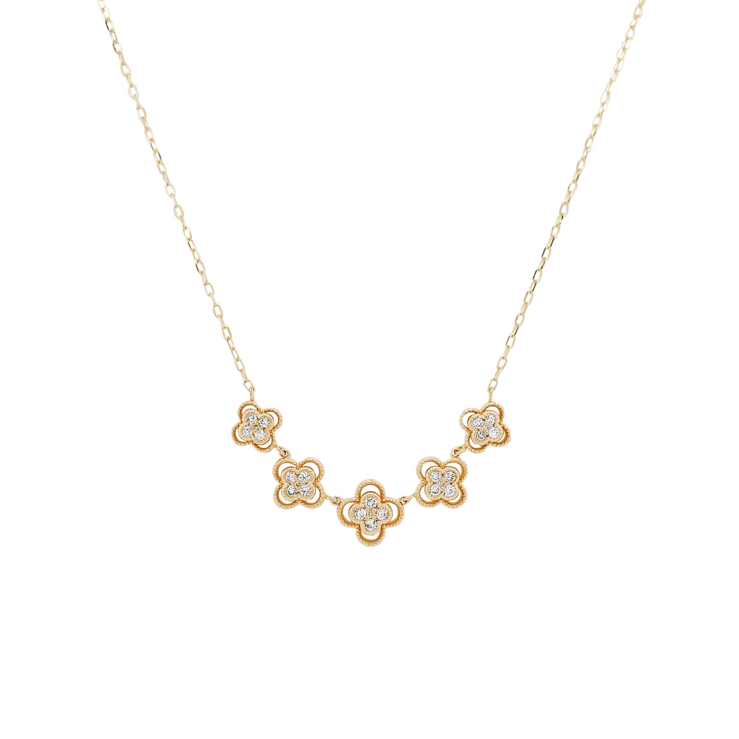 14K Yellow Gold Diamond Clover Necklace, Milgrain Floral Pendant