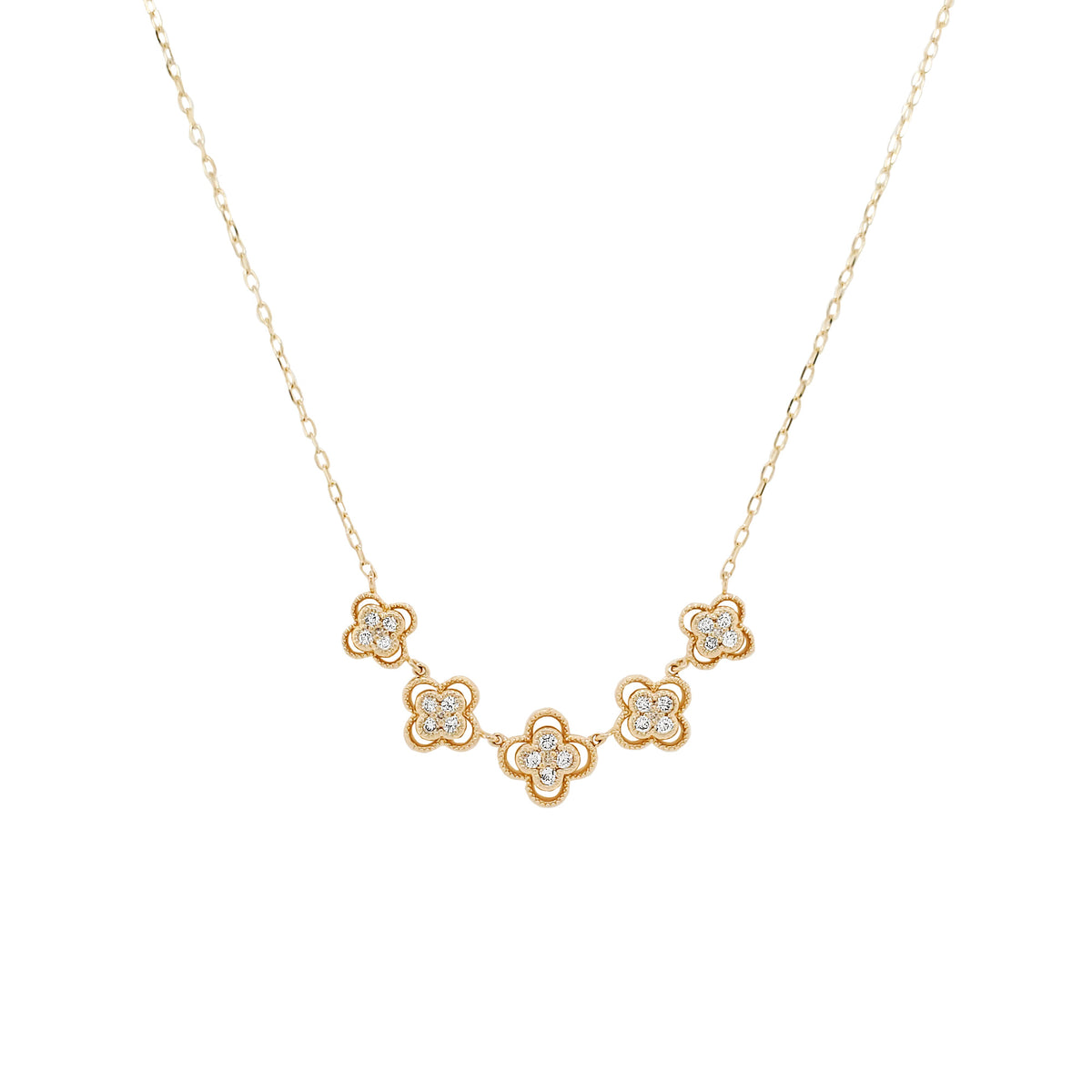 14K Yellow Gold Diamond Clover Necklace, Milgrain Floral Pendant