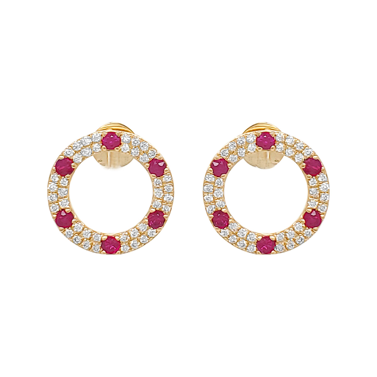 14K Yellow Gold Ruby Diamond Circle Earrings, Gemstone Hoop Jewelry
