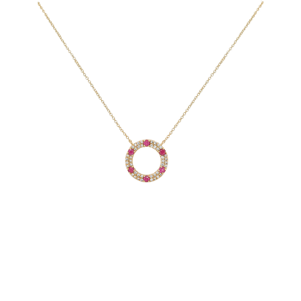 14K Yellow Gold Ruby (1/5 CTW) & Natural Diamond  (1/5 CTW) Circle Necklace | 18 Inch Adjustable Chain