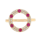 14K Yellow Gold Ruby Diamond Circle Ring, Round Gemstone Statement Band