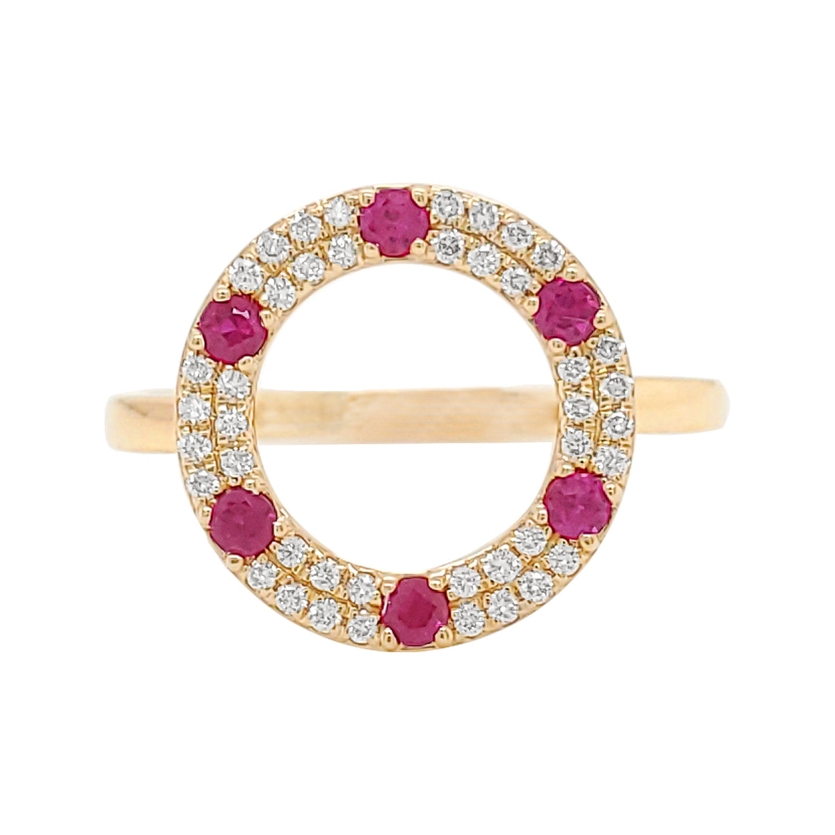 14K Yellow Gold Ruby Diamond Circle Ring, Round Gemstone Statement Band